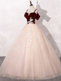 Pink and Wine Red Velvet and Tulle Party Dress, Ball Gown Formal Dress with Lace Applique HZ1024
