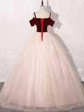 Pink and Wine Red Velvet and Tulle Party Dress, Ball Gown Formal Dress with Lace Applique HZ1024