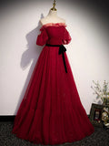 Wine Red Tulle Short Sleeves Tulle Long Party Dress, Wine Red Evening Dress HZ1024