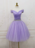 Off Shoulder Lavender Tulle Homecoming Dresses, Beaded Lavender Prom Dress HZ1024