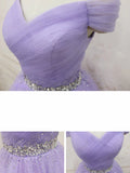 Off Shoulder Lavender Tulle Homecoming Dresses, Beaded Lavender Prom Dress HZ1024