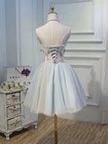 Cute Tulle Knee Length with Flowers Homecoming Dress, Blue Prom Dress HZ1024