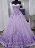 Lovely Lavender Tulle Ball Gown with Flower Lace Sweet 16 Dress, Lavender Wedding Party Dress HZ1024
