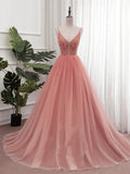 Pink V-neckline Sequins Straps Long Party Dress, Pink Floor Length Formal Dress HZ1024