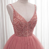 Pink V-neckline Sequins Straps Long Party Dress, Pink Floor Length Formal Dress HZ1024