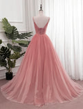 Pink V-neckline Sequins Straps Long Party Dress, Pink Floor Length Formal Dress HZ1024