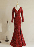 Wine Red Sequins Mermaid Long Sleeves Party Dress, Wine Red Long Prom Dress HZ1024