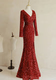 Wine Red Sequins Mermaid Long Sleeves Party Dress, Wine Red Long Prom Dress HZ1024
