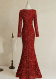 Wine Red Sequins Mermaid Long Sleeves Party Dress, Wine Red Long Prom Dress HZ1024