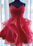 Burgundy V-neckline Knee Length Party Dres, Tulle Straps Homecoming Dress HZ1024