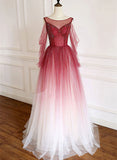 Dark Red Gradient Tulle Beaded Round Neckline Prom Dress, A-line Tulle Formal Dress HZ1024