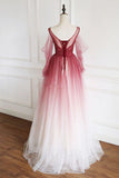 Dark Red Gradient Tulle Beaded Round Neckline Prom Dress, A-line Tulle Formal Dress HZ1024