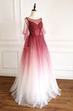 Dark Red Gradient Tulle Beaded Round Neckline Prom Dress, A-line Tulle Formal Dress HZ1024