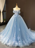 Blue Sweetheart Ball Gown Flowers Sweet 16 Dress, Blue Off Shoulder Wedding Party Dress HZ1024