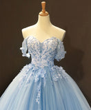 Blue Sweetheart Ball Gown Flowers Sweet 16 Dress, Blue Off Shoulder Wedding Party Dress HZ1024