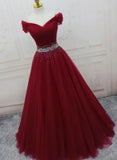 Wine Red Beaded Tulle Long Party Dress, Off Shoulder Wine Red Prom Dress HZ1024