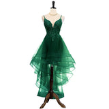 Dark Green V-neckline High Low Prom Dress with Lace and Beadings, Green Homecoming Dress HZ1024