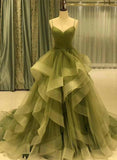 Green Straps Tulle Long Layers Formal Dress, Beautiful Green Floor Length Prom Dress HZ1024