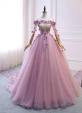 Pink Sweet 16 Tulle Formal Dress with Flowers, Pink Long Formal Dress HZ1024