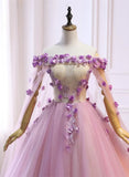 Pink Sweet 16 Tulle Formal Dress with Flowers, Pink Long Formal Dress HZ1024