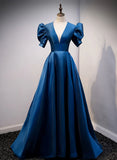 Blue Satin Long Simple Open Back Party Dress, Blue Floor Length Prom Dress HZ1024