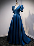 Blue Satin Long Simple Open Back Party Dress, Blue Floor Length Prom Dress HZ1024