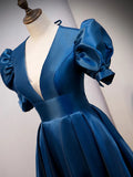 Blue Satin Long Simple Open Back Party Dress, Blue Floor Length Prom Dress HZ1024