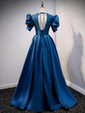 Blue Satin Long Simple Open Back Party Dress, Blue Floor Length Prom Dress HZ1024