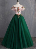 Green Tulle Off Shoulder with Flowers Long Sweet Dress, Green Long Prom Dress HZ1024