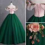 Green Tulle Off Shoulder with Flowers Long Sweet Dress, Green Long Prom Dress HZ1024
