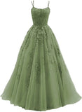 Light Green Straps Tulle Lace-up Long Party Dress, Green Evening Dress Prom Dress HZ1024