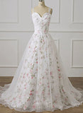 White Tulle Sweetheart Straps Floral Long Party Dress, White Evening Dress Prom Dress HZ1024