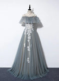Grey Tulle with White Lace A-line Off Shoulder Party Dress, A-line Grey Evening Dress HZ1024