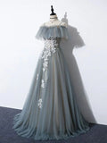 Grey Tulle with White Lace A-line Off Shoulder Party Dress, A-line Grey Evening Dress HZ1024