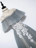 Grey Tulle with White Lace A-line Off Shoulder Party Dress, A-line Grey Evening Dress HZ1024