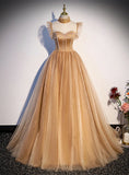 Champagbe Ball Gown High Neckline Tulle Party Dress, Beaded Long Prom Dress HZ1024
