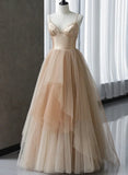 Champagne V-neckline Beaded Tulle Prom Dress, A-line Low Back Party Dress HZ1024