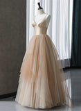 Champagne V-neckline Beaded Tulle Prom Dress, A-line Low Back Party Dress HZ1024