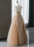 Champagne V-neckline Beaded Tulle Prom Dress, A-line Low Back Party Dress HZ1024