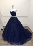 Navy Blue Tulle Beaded Ball Gown Sweet 16 Dress, Shiny Tulle Blue Prom Dress HZ1024