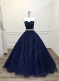 Navy Blue Tulle Beaded Ball Gown Sweet 16 Dress, Shiny Tulle Blue Prom Dress HZ1024