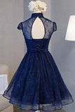 Navy Blue Beaded Lace Short Prom Dress Graduation Dress, Navy Blue Homecoming Dress HZ1024