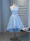 Blue Lace High Low Simple Round Neckline Party Dress, Blue Short Prom Dress HZ1024