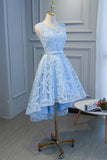 Blue Lace High Low Simple Round Neckline Party Dress, Blue Short Prom Dress HZ1024