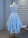 Blue Lace High Low Simple Round Neckline Party Dress, Blue Short Prom Dress HZ1024