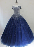 Blue Sequins Sweetheart Ball Gown Sweet 16 Gown, Blue Tulle Party Dress HZ1024
