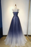 Blue Gradient A-line Tulle Long Formal Dress, Floor Length Prom Dress HZ1024