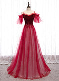Dark Red Velvet and Tulle Party Dress, A-line Tulle Floor Length Wedding Party Dress HZ1024