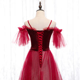 Dark Red Velvet and Tulle Party Dress, A-line Tulle Floor Length Wedding Party Dress HZ1024