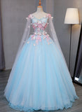 Cute Blue Fairy Butterfly Lace Ball Gown Prom Dress, Sweet 16 Party Dress HZ1024